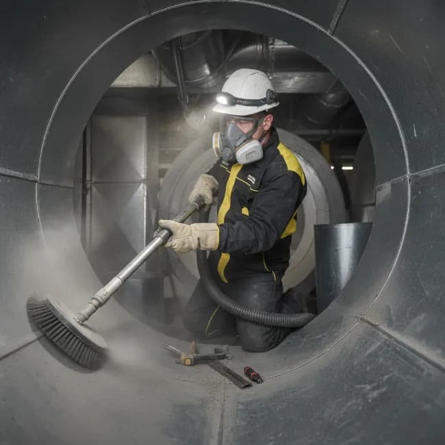 Technician cleaning the inside of a large air duct